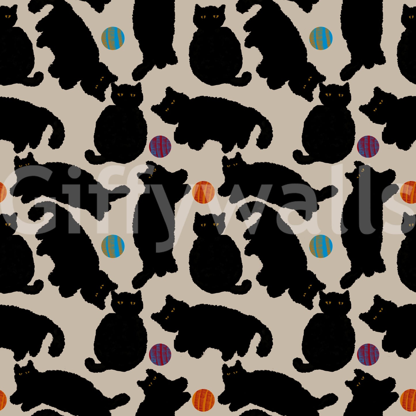 Playful Black Cats and Yarn Balls Wallpaper