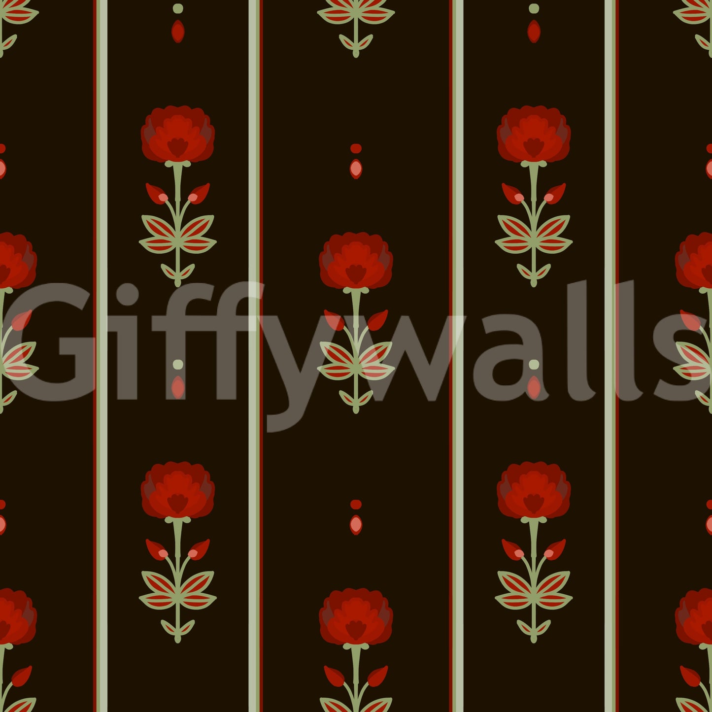 Crimson Folk Art Floral Stripe Wallpaper Wallpaper⁠