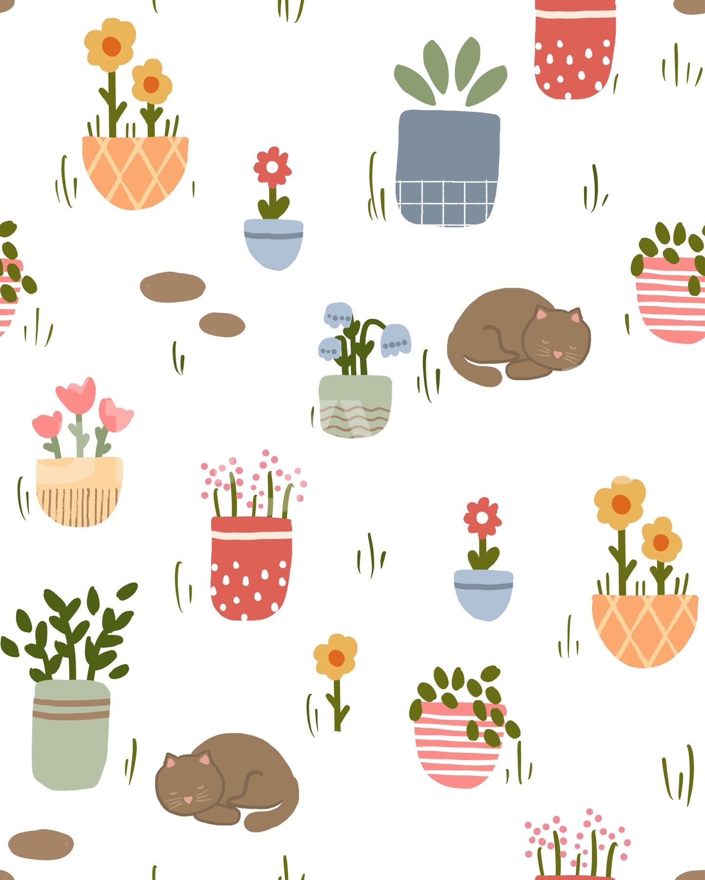 Sleeping Cats and Potted Plants Wallpaper Wall Mural