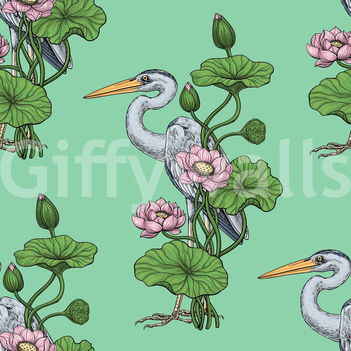 Heron in the Pink Lotus Garden on jade Wallpaper⁠
