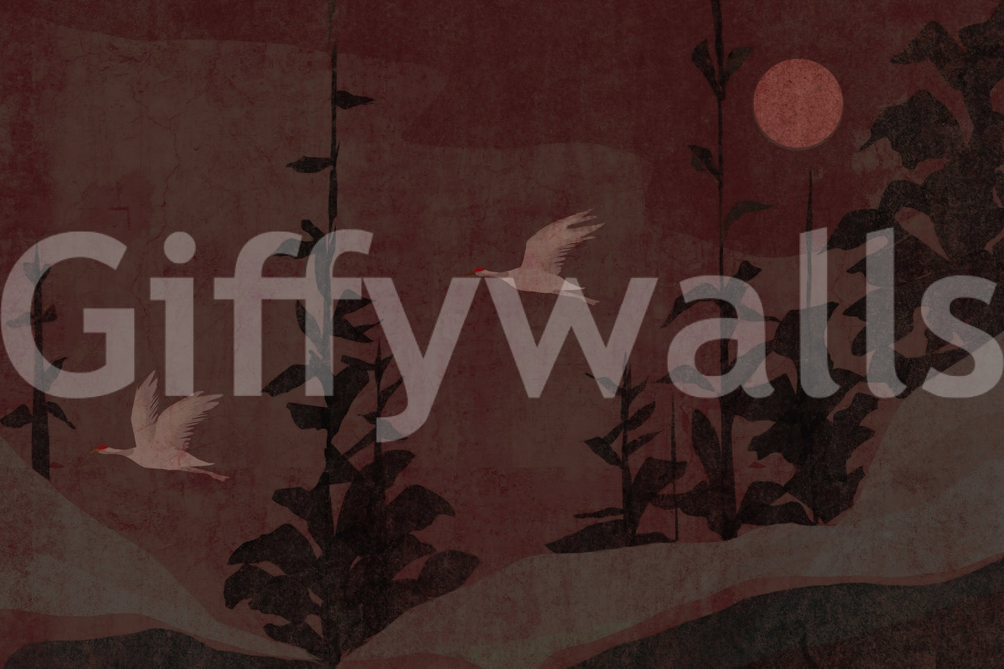 Chinoiserie Nightfall with Soaring Cranes Wall Mural