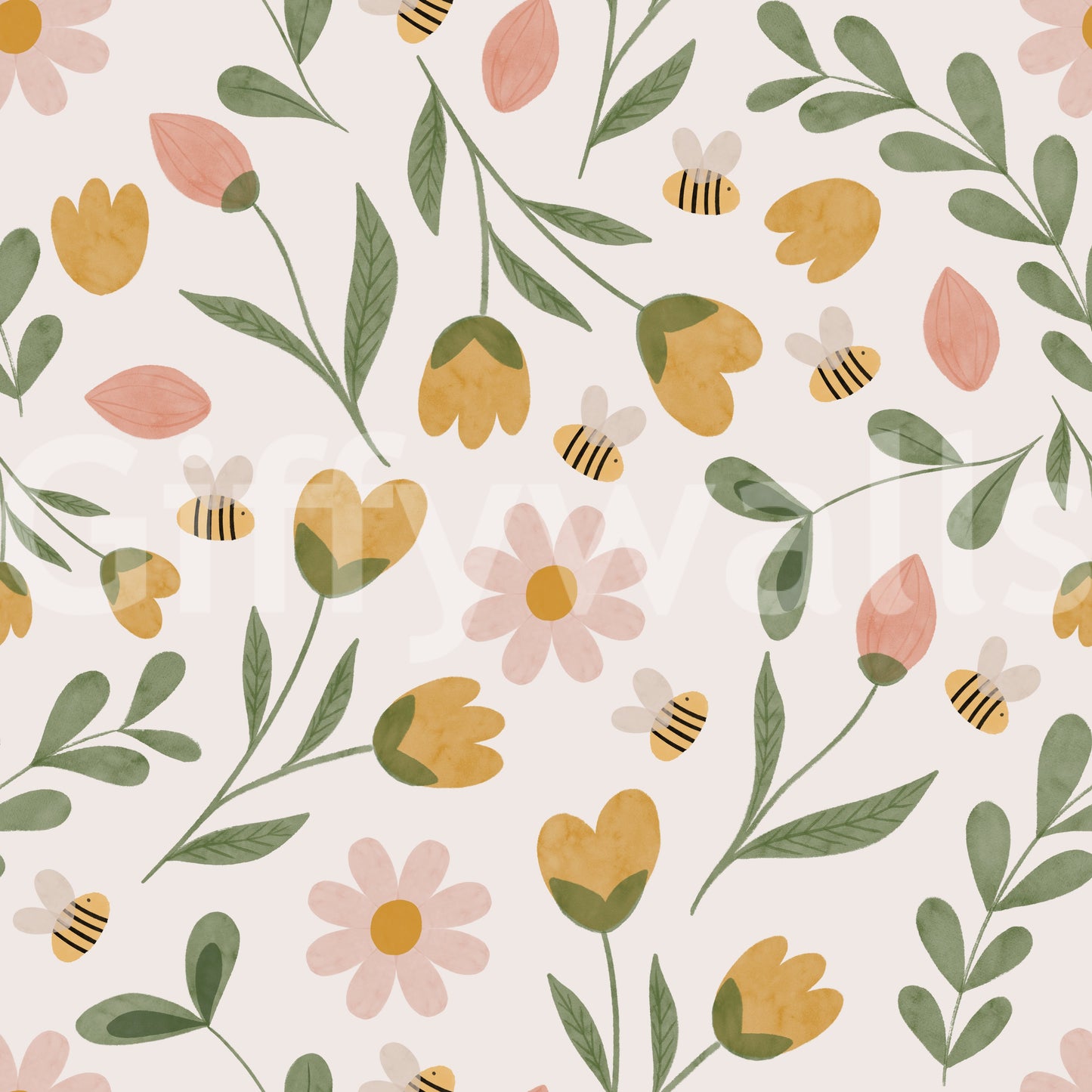 Whimsical Honeybee Meadow Pattern Wallpaper⁠