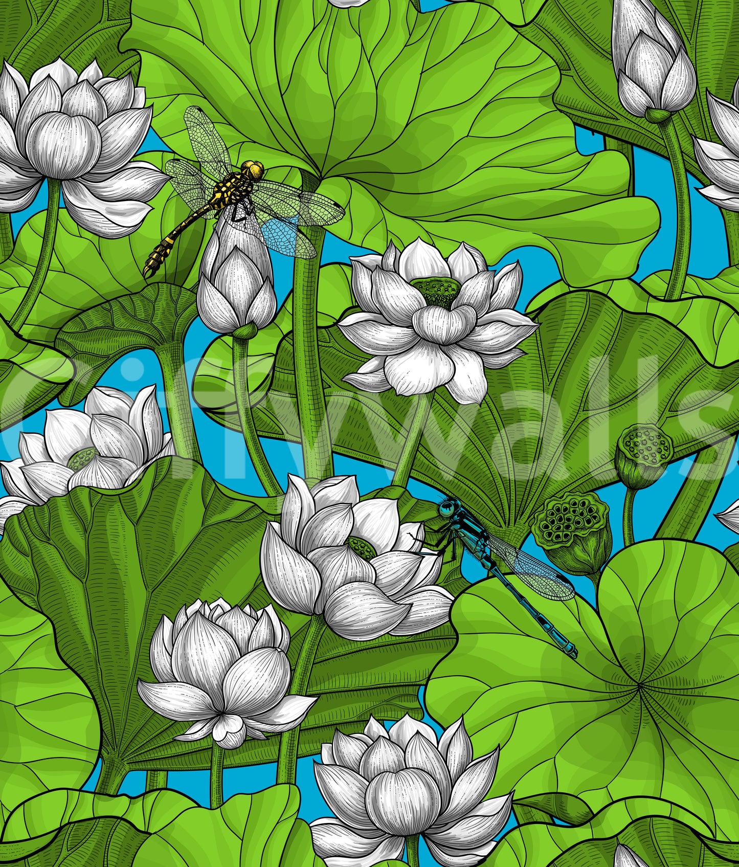 Zen Lotus Pond with Dragonflies in white and green Wallpaper⁠