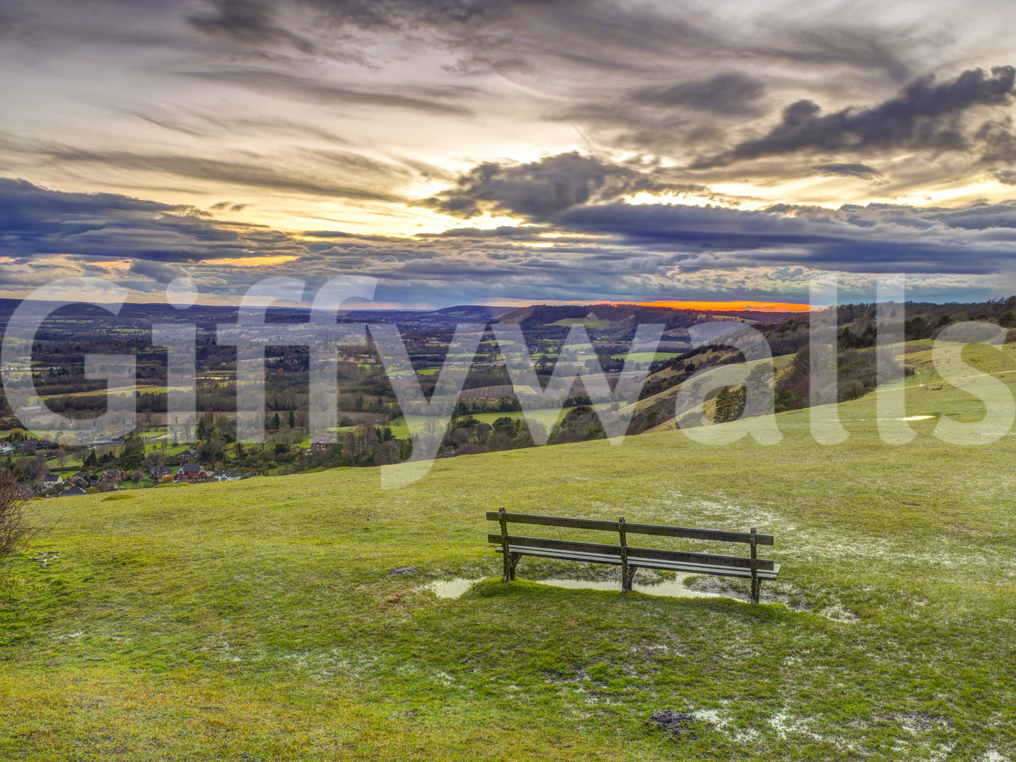 Golden Sunset Valley Bench Wall Mural