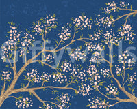 Pink Blossoms - Blue Background Wall Mural
