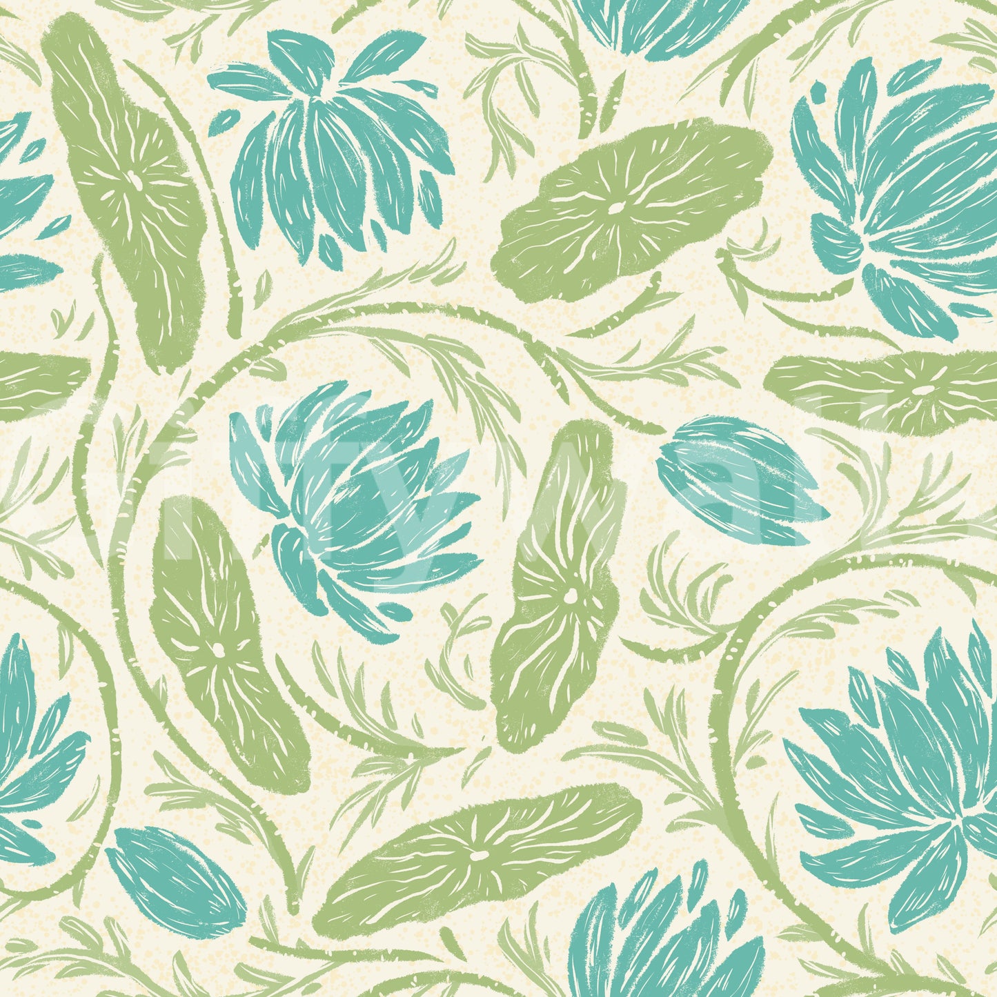 Lotus - Botanical Trailing Water Lily Floral Block Print-  Blue and Green Wallpaper⁠