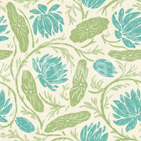 Lotus - Botanical Trailing Water Lily Floral Block Print-  Blue and Green Wallpaper⁠