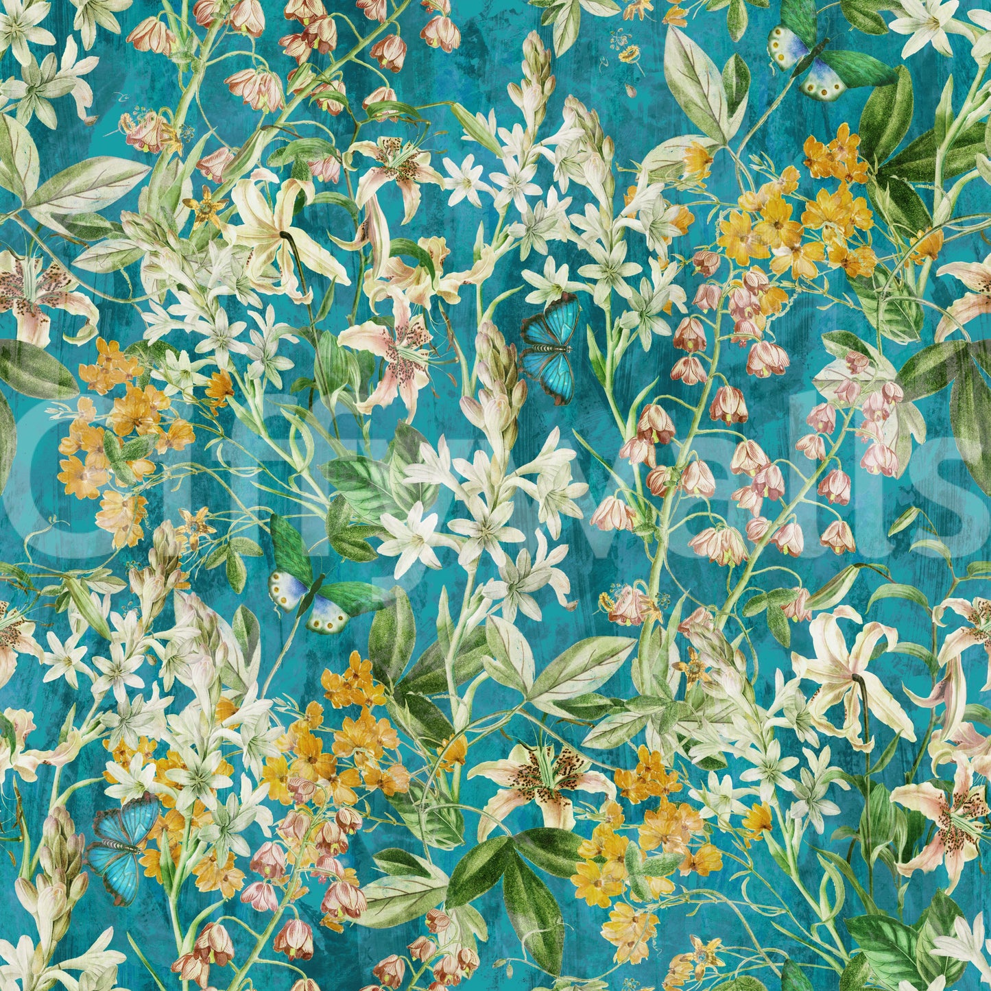 Turquoise Meadow Botanical Illustration Wallpaper⁠