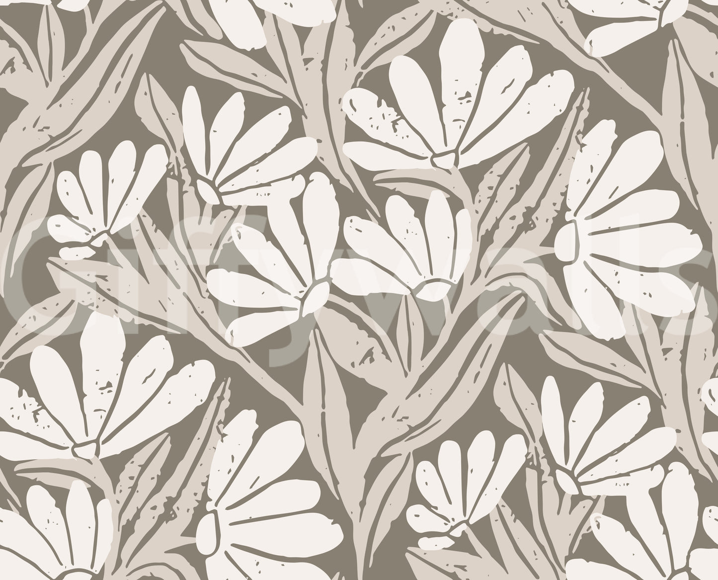 Rustic Cream and Taupe Flower Block Print Wallpaper⁠