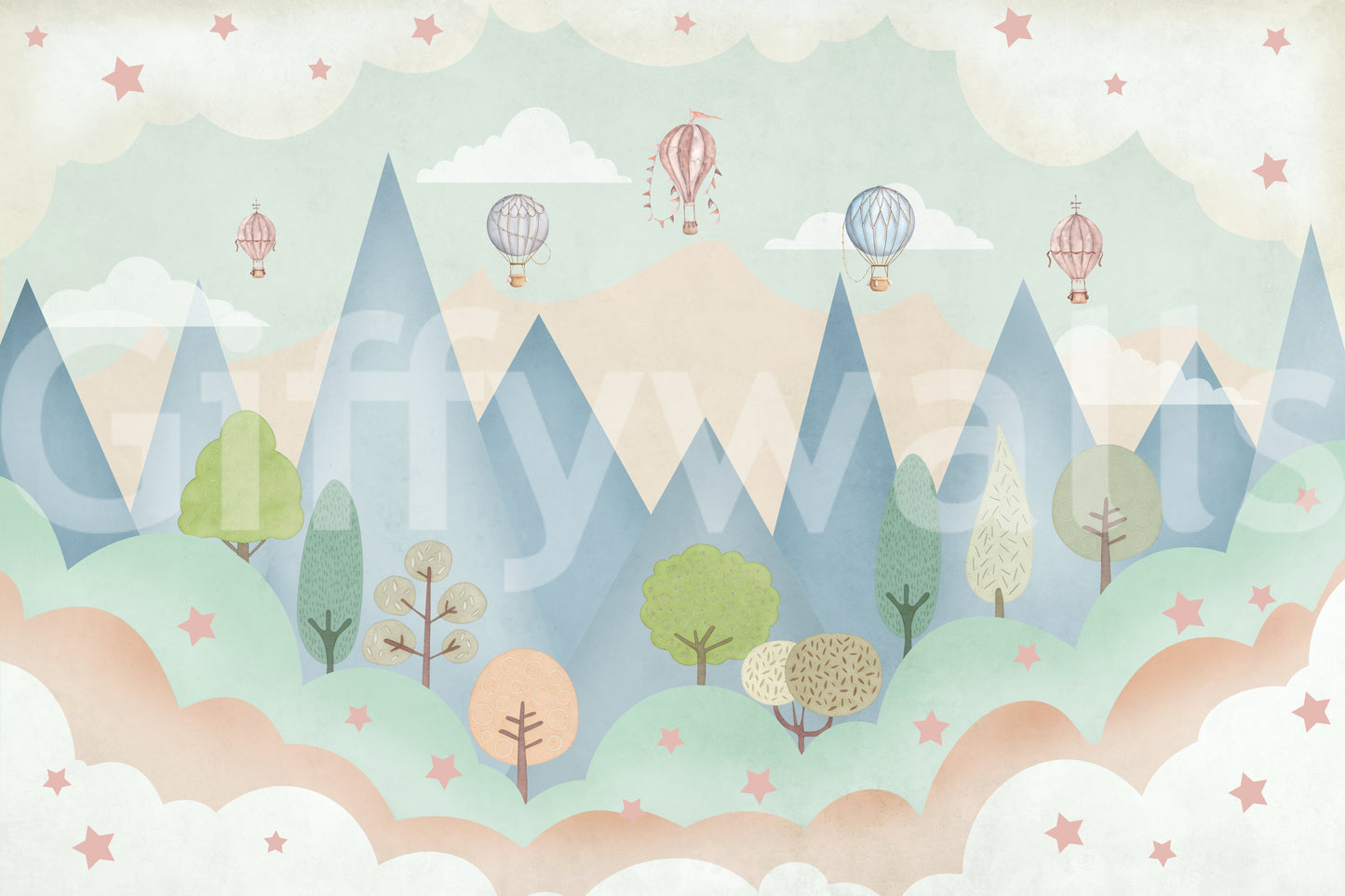 Dreamy Hot Air Balloon Mountain Adventure Wall Mural