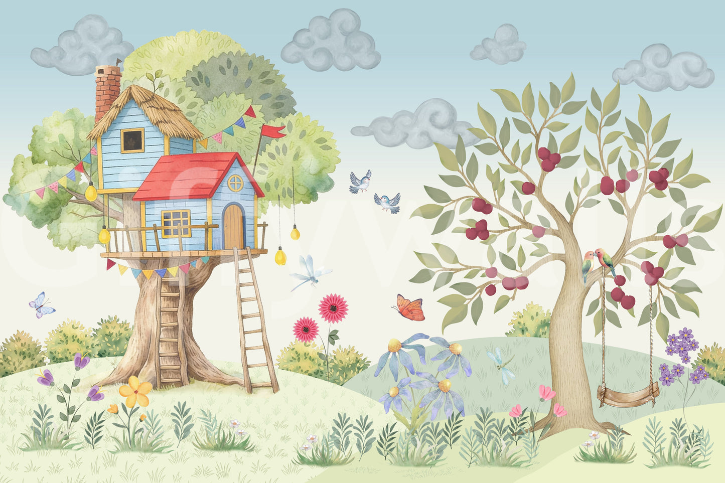 Whimsical Treehouse Garden Adventure Wall Mural