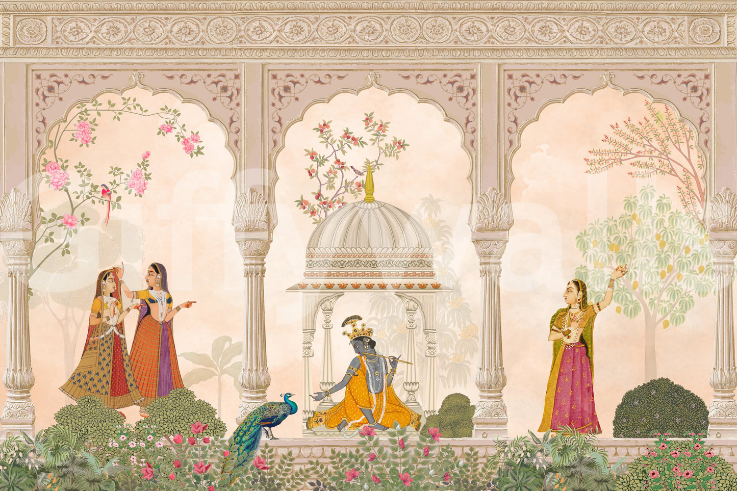 Krishna and Gopis Traditional Indian Court Scene Wall Mural