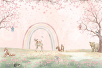 Whimsical Forest Friends with Soft Rainbow Wall Mural