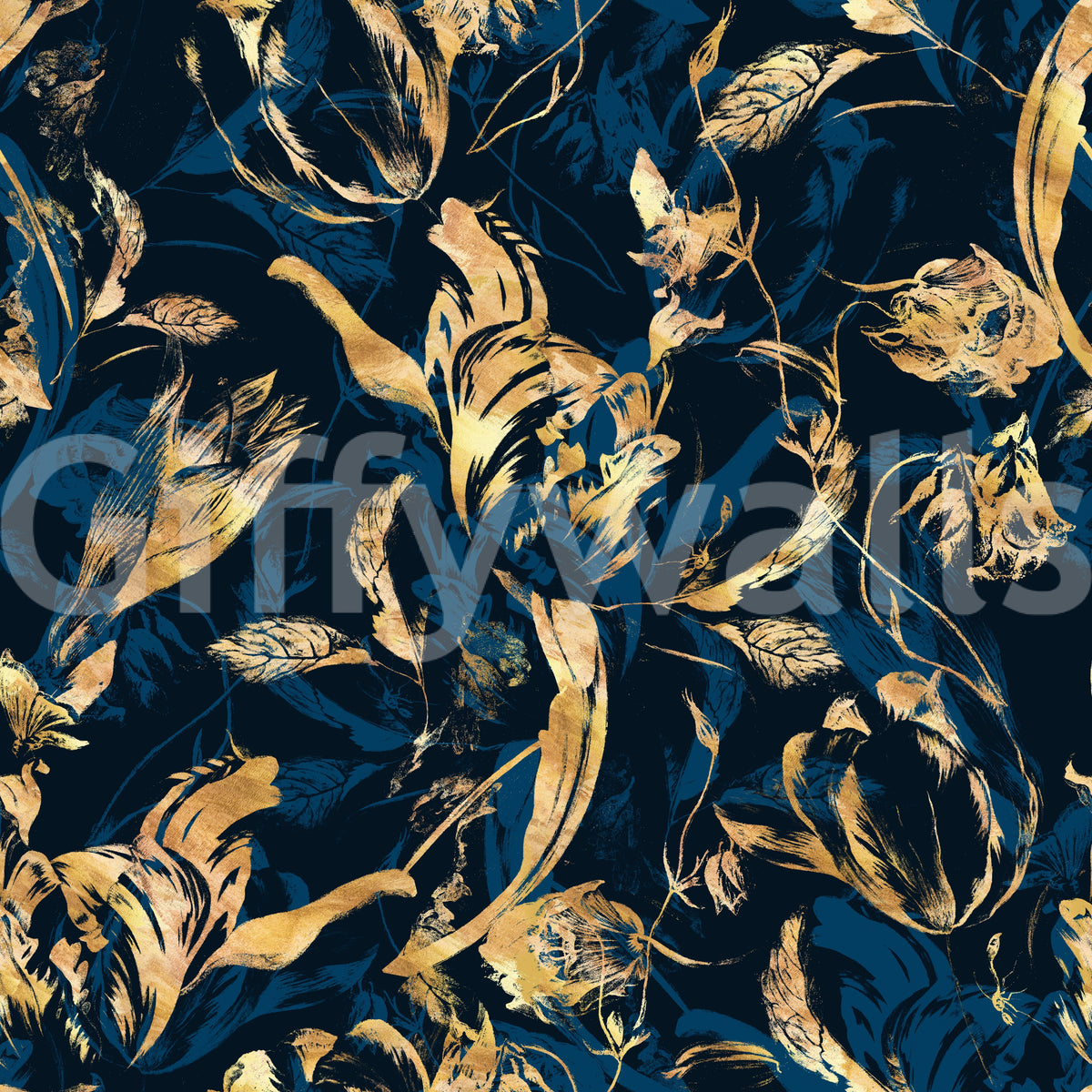 Navy ground with gold tulip brushwork floral design GD12288