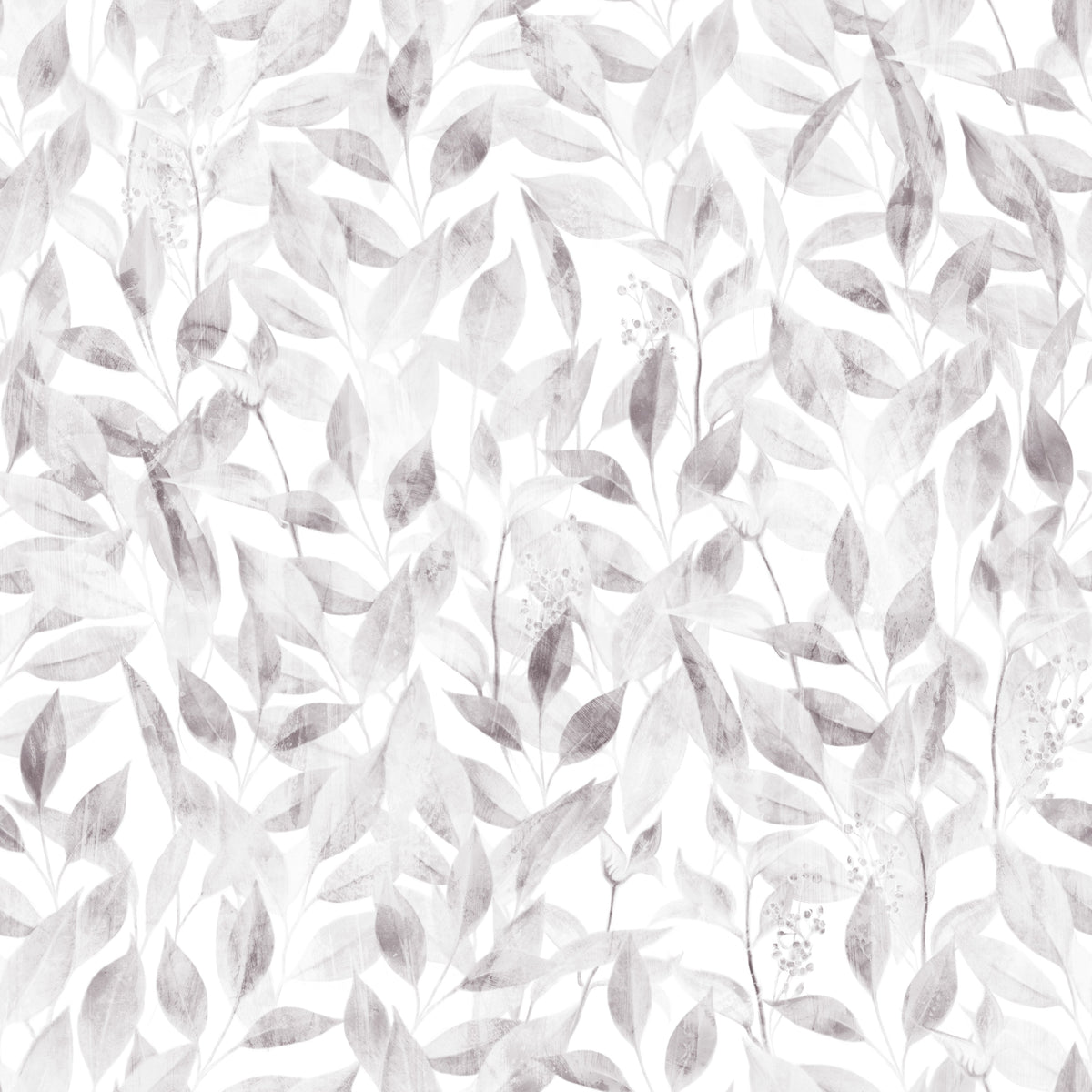 Muted grey botanical foliage repeat swatch of soft leaves on a white ground GD12337