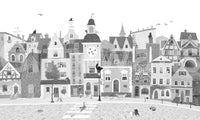 Feline Street Scene Monochrome Illustration Wall Mural
