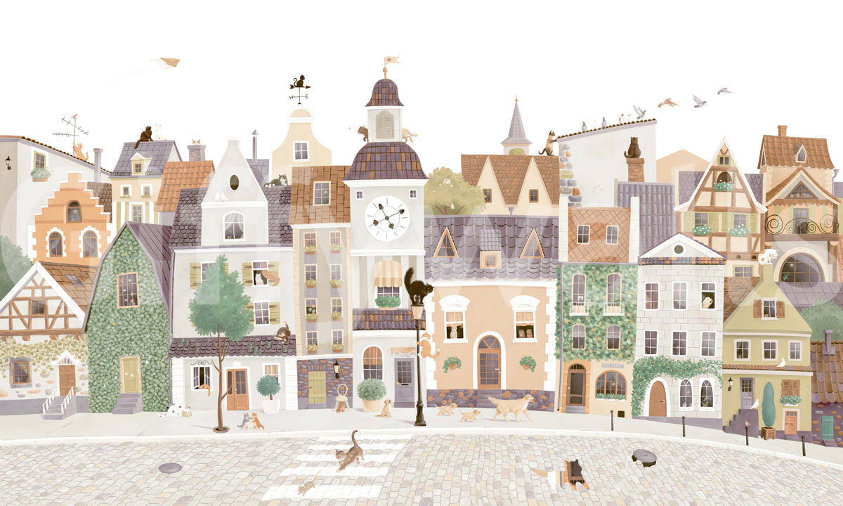 Whimsical cat and dog village townscape design in soft pastel tones on a white ground GD12398