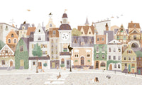 Whimsical cat and dog village townscape design in soft pastel tones on a white ground GD12398
