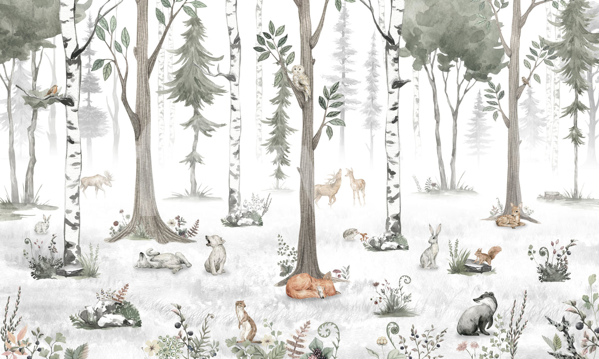 Misty woodland scene with deer, foxes and rabbits among birch trees in soft sage tones GD12401