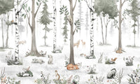 Misty woodland scene with deer, foxes and rabbits among birch trees in soft sage tones GD12401
