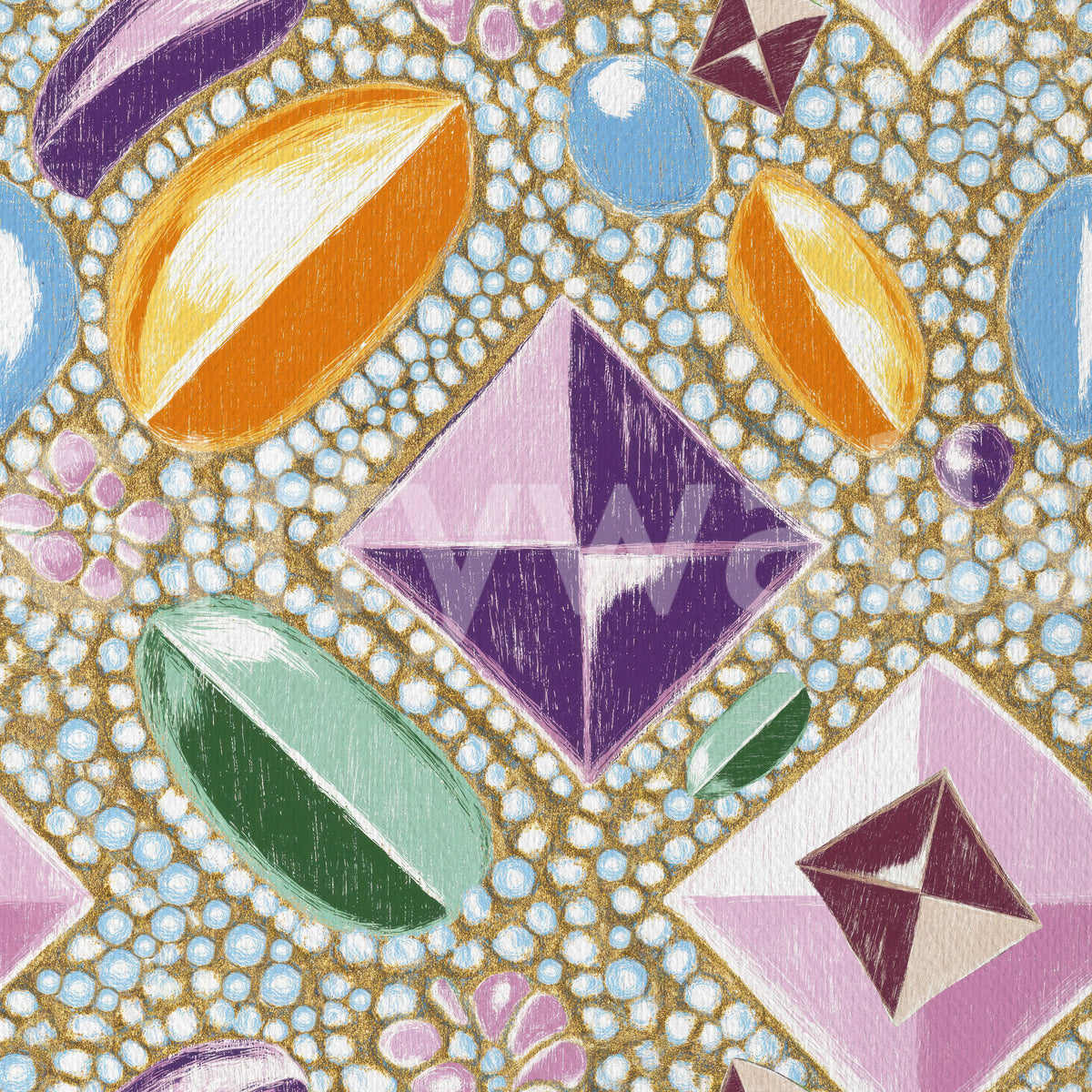 Royal gemstones pink pastel wallpaper pattern with purple, orange and green gems shown close up GD12449