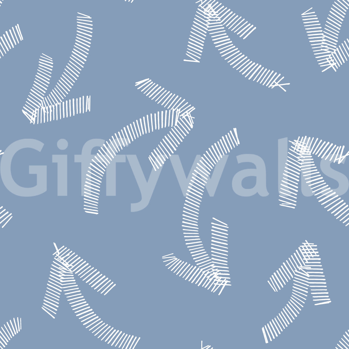 Muted blue ground with white scribble arrow strokes, close-up wallpaper swatch GD12470