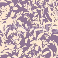 Cream botanical silhouette of leaves and wildflowers on a purple wallpaper swatch GD12484