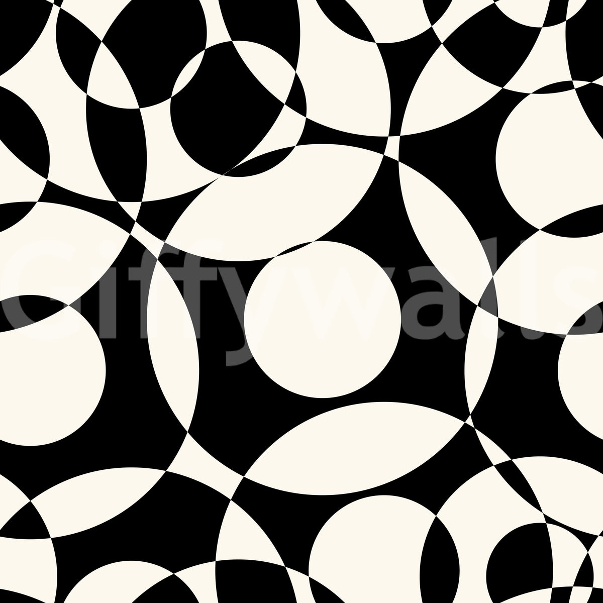 Interlocking monochrome circles wallpaper pattern in black and cream close-up GD12497
