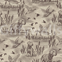 Etched Wildlife Meadow and Retriever Pattern Wallpaper⁠