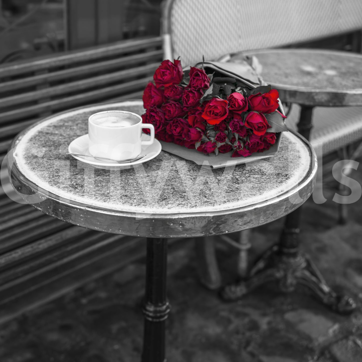 Crimson Blooms at a Bistro Table Wall Mural