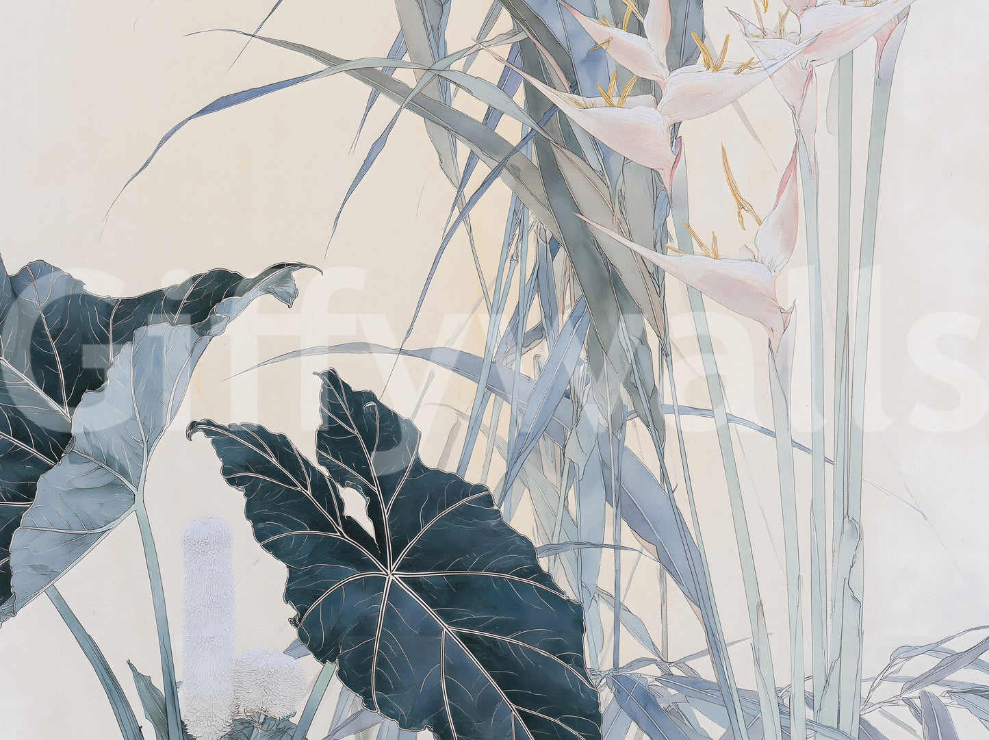Serene Tropical Botanical Illustration Wall Mural