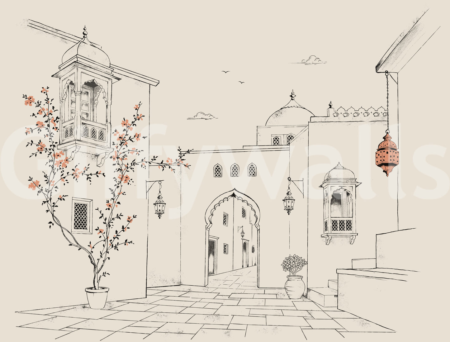 Serene Architectural Courtyard Sketch Wall Mural