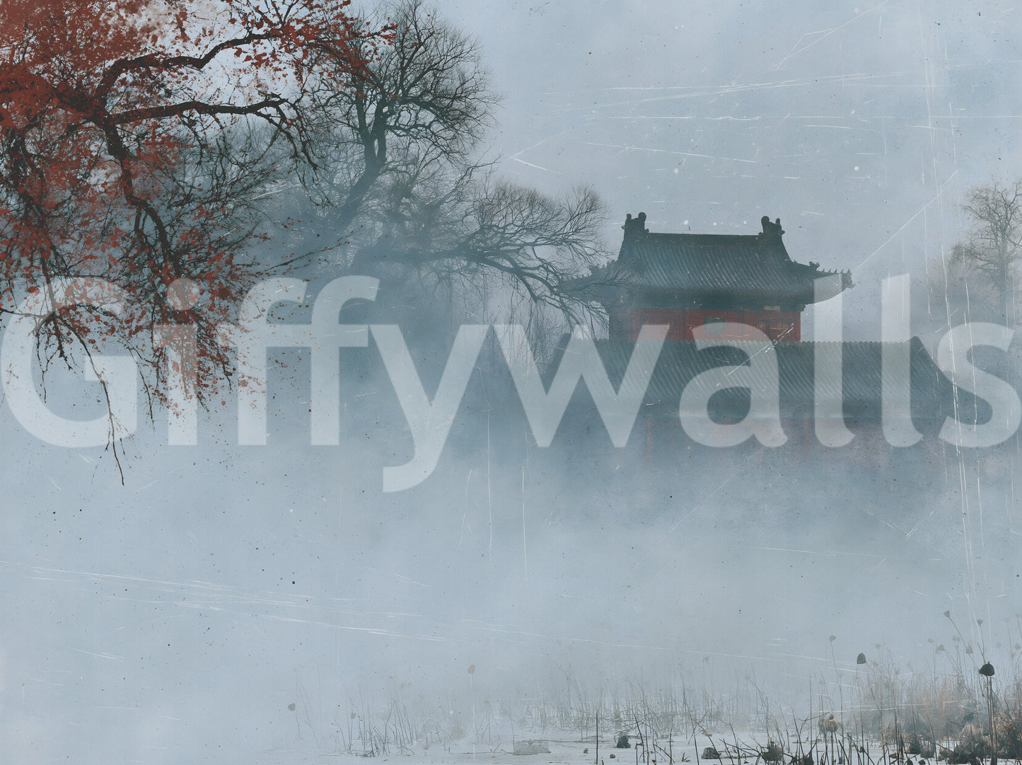 Crimson Pagoda in Winter Fog Wall Mural