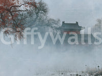 Crimson Pagoda in Winter Fog Wall Mural