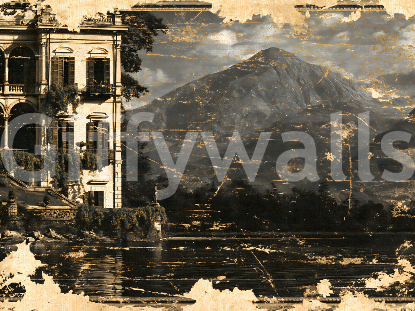 Sepia Tone Lakeside Villa Heritage Wall Mural