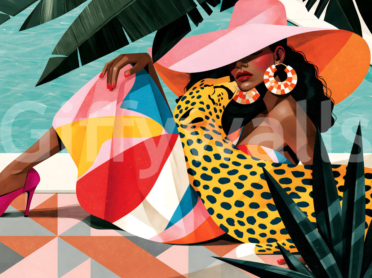 Chic summer leisure illustration with a woman in a pink hat and leopard dress GD12971