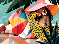 Chic summer leisure illustration with a woman in a pink hat and leopard dress GD12971