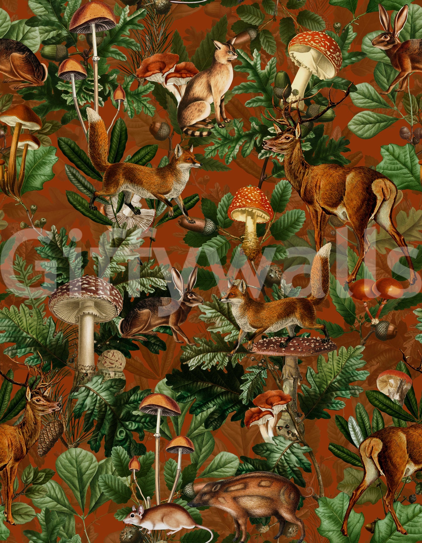 Rustic Woodland Creatures and Fungi Tapestry Wallpaper⁠
