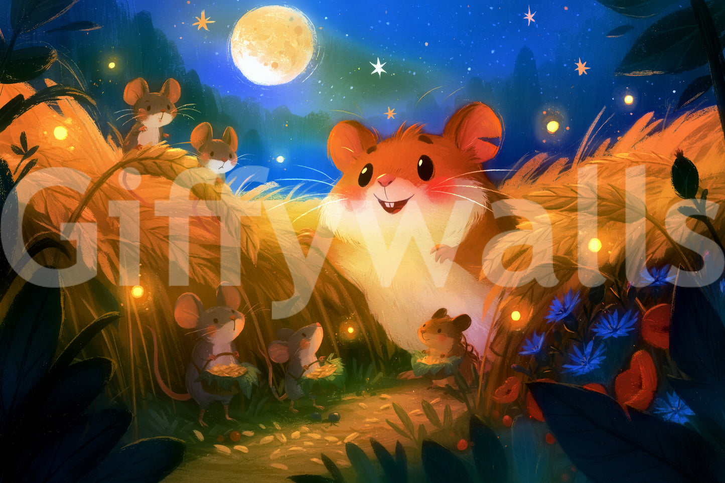 Midnight Hamster Forest Firefly Gathering Wall Mural