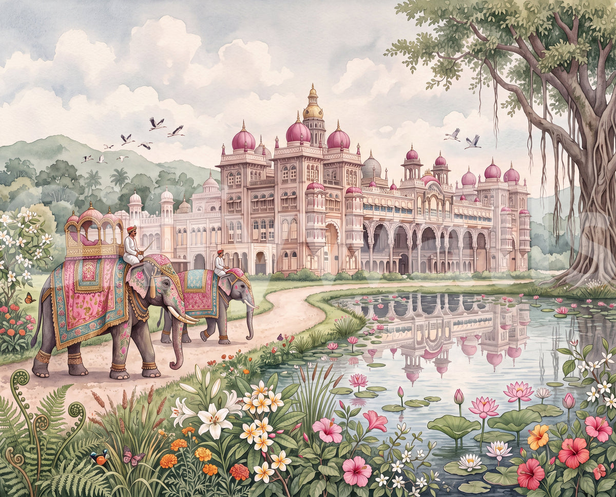 Close view of the pink palace, elephant, and lotus mural pattern GD13088
