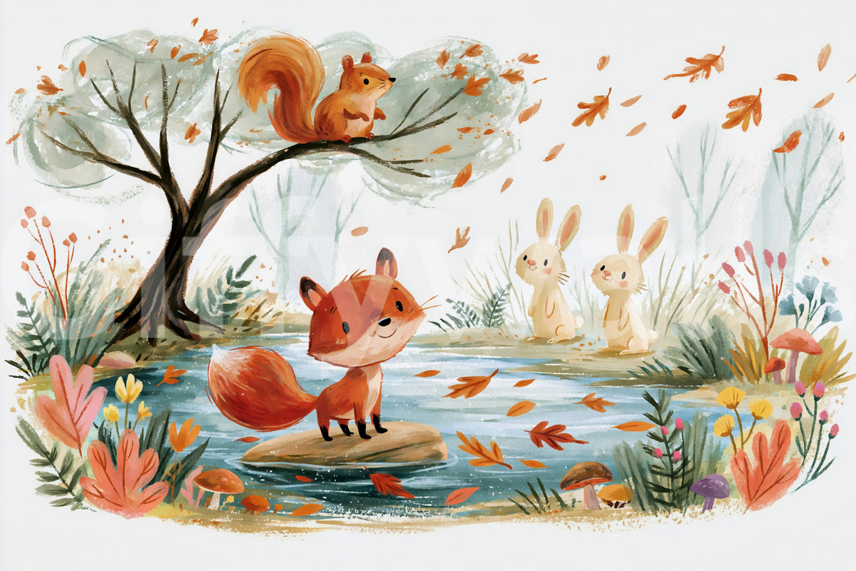 Woodland Friends Fox  Autumnal Stream Wall Mural