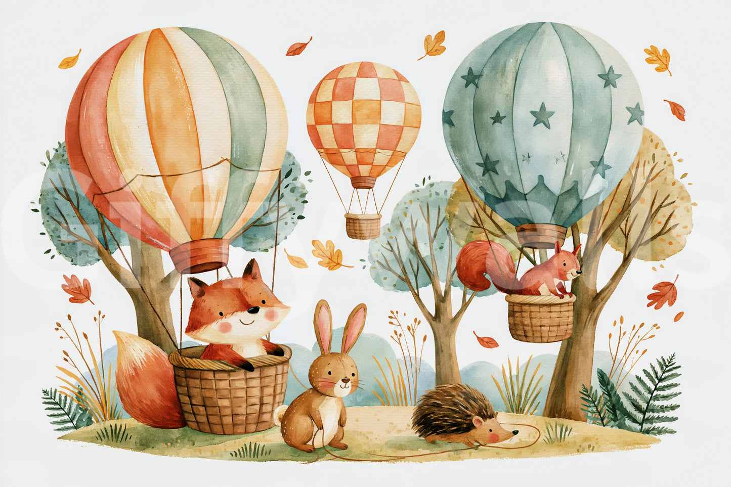 Woodland Forest Friends and Hot Air Balloons Wall Mural