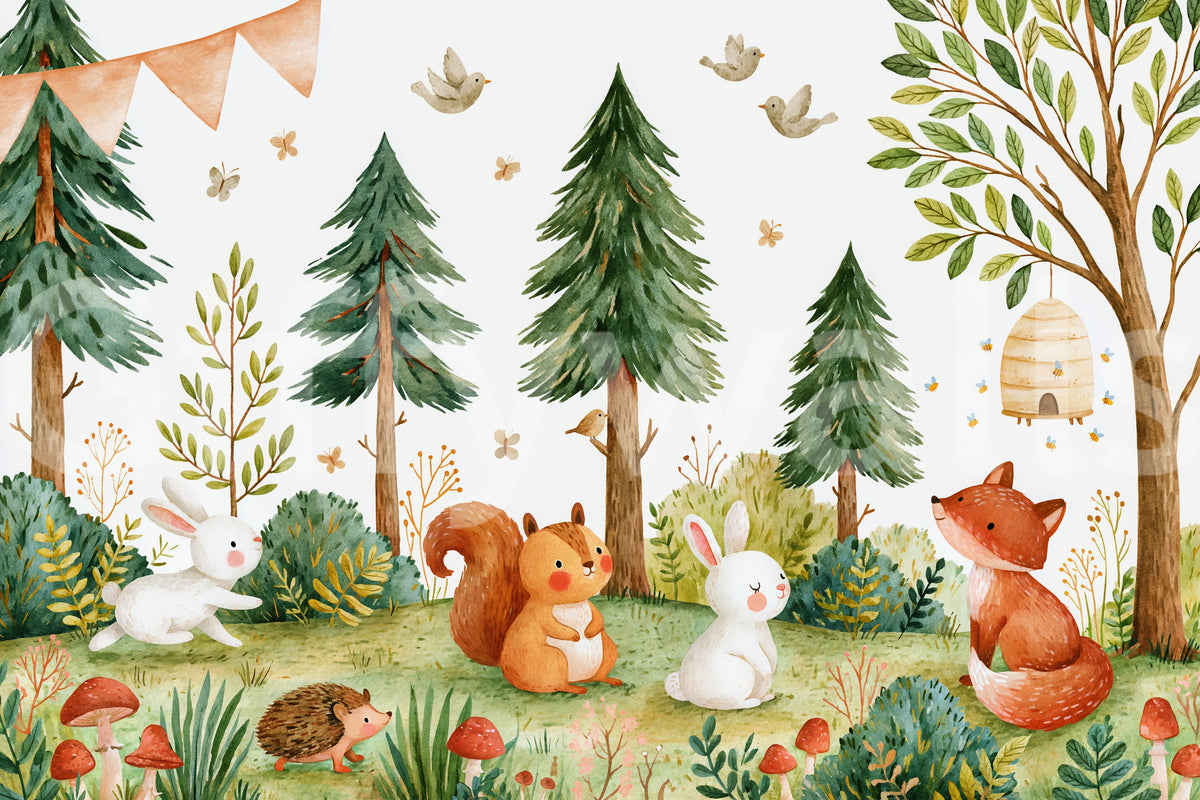 Watercolor forest meadow pattern with a fox squirrel bunnies and hedgehog GD13116