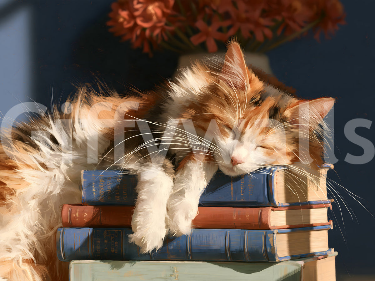 Painted calico cat asleep on a stack of old books pattern GD13118