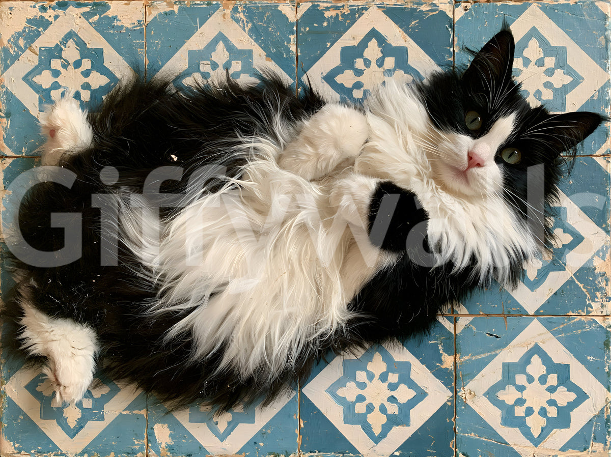 Rustic Blue Tiled Cat Portrait Wall Mural