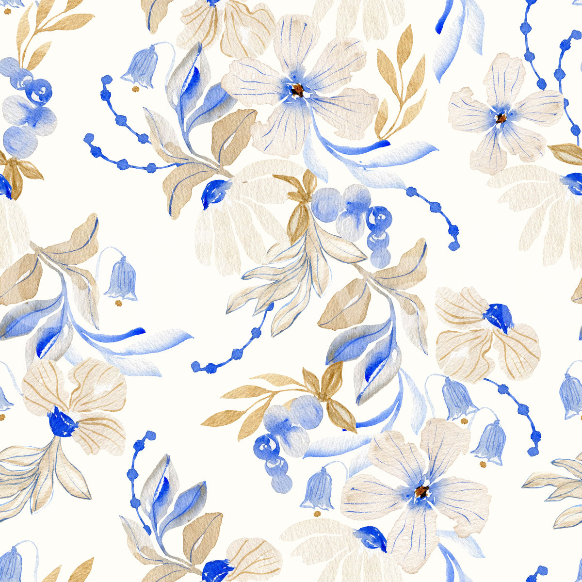 Watercolor Blue and Beige Floral Botanical Wallpaper⁠