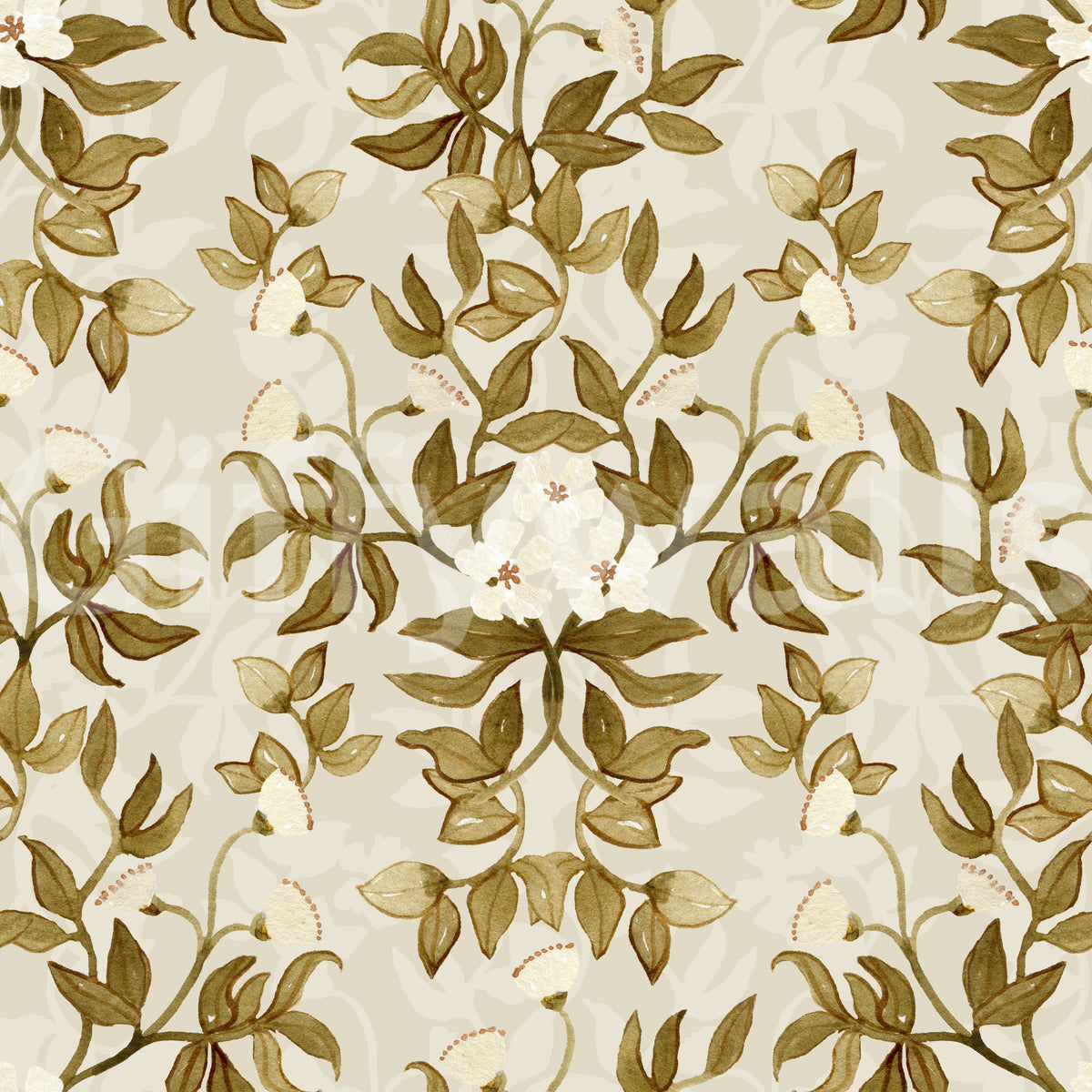 Vintage Hand-Painted Foliage Repeats Wallpaper⁠