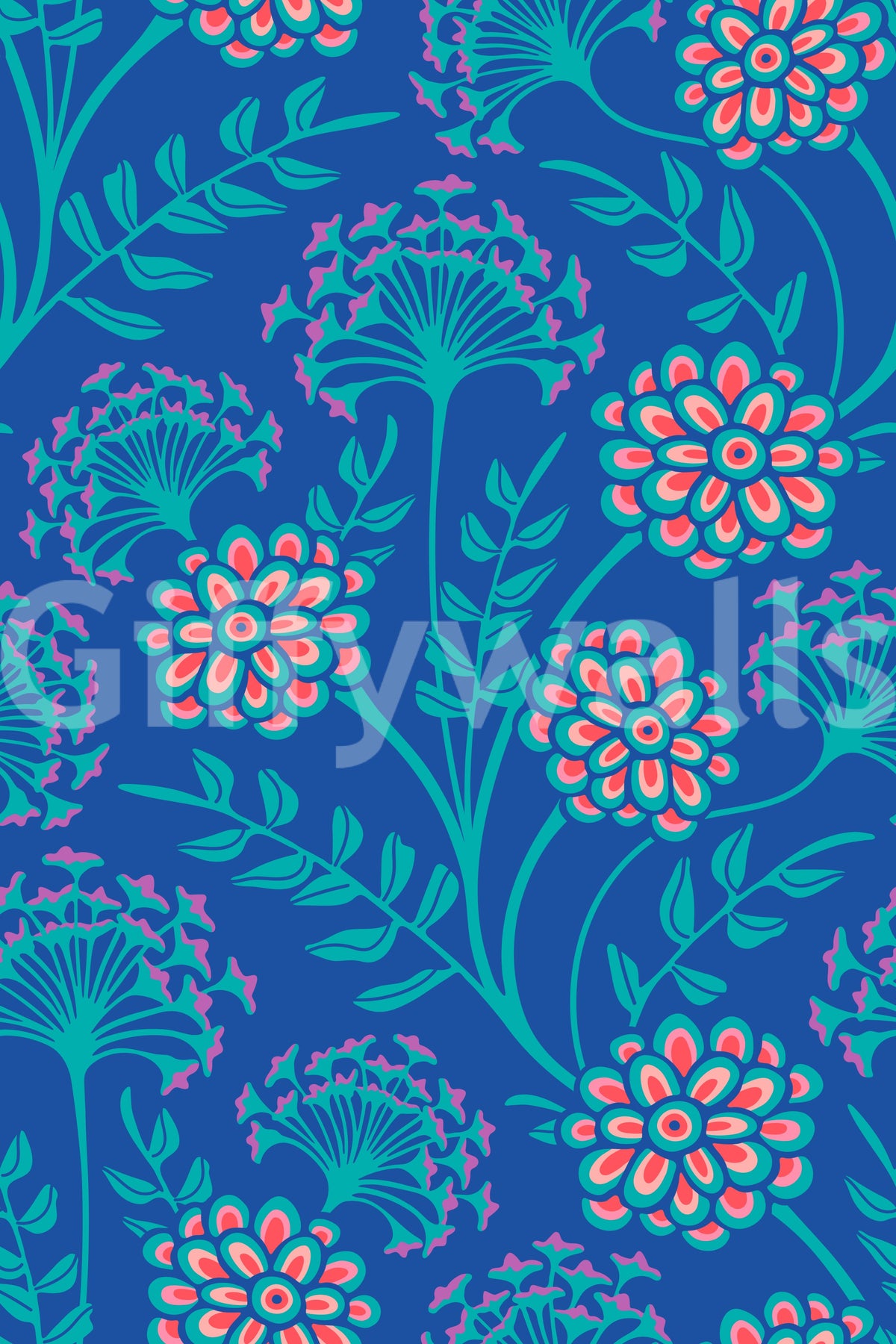 Danube Retro Vintage Floral Zinnia Cow Parsley in Turquoise Royal Blue Wallpaper⁠