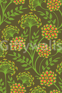 Danube Retro Vintage Floral Zinnia Cow Parsley in Yellow Moss Green Wallpaper⁠
