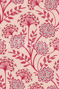 Danube Retro Vintage Floral Zinnia Cow Parsley in Viva Magenta Red Warm Sand  Wallpaper⁠